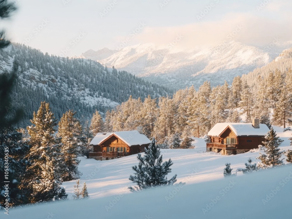 Snow-covered log cabins amidst pine forest in tranquil mountain landscape Snow-covered log cabins amidst pine forest in tranquil mountain landscape