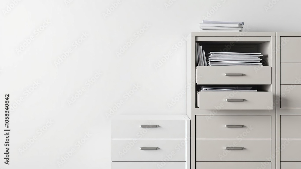 Modern white file cabinet with multiple drawers isolated on white background, office, furniture Modern white file cabinet with multiple drawers isolated on white background, office, furniture