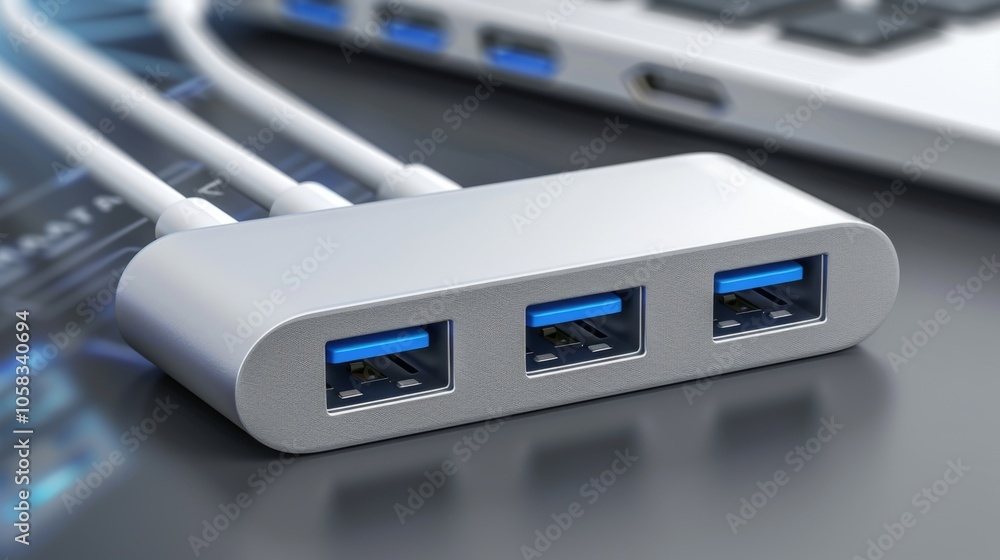 A Sleek USB hub with multiple ports connected to various devices, showcasing modern design and functionality in a tech-focused setup. A Sleek USB hub with multiple ports connected to various devices, showcasing modern design and functionality in a tech-focused setup.