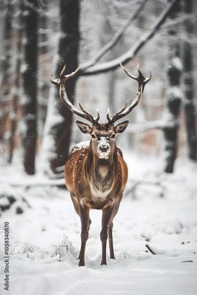 Noble male deer in forest winter scenery. High quality photo Noble male deer in forest winter scenery. High quality photo