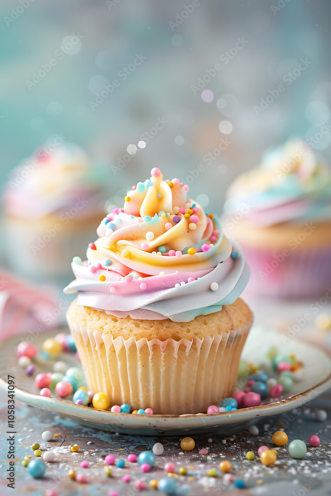 Delicious birthday cupcake on a table with bokeh background. High quality photo Delicious birthday cupcake on a table with bokeh background. High quality photo