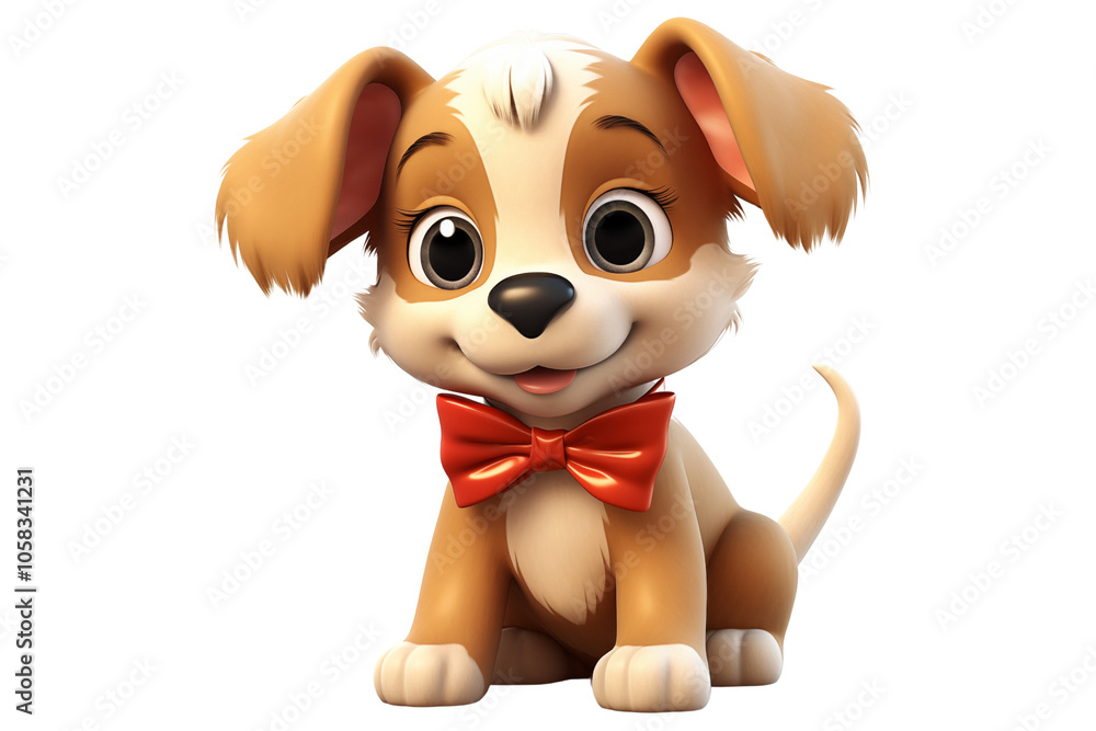 Naklejka premium Cute brown puppy character with red bow tie, smiling happily with big eyes and playful expression, perfect for festive themes or children content, PNG cutout transparent background.