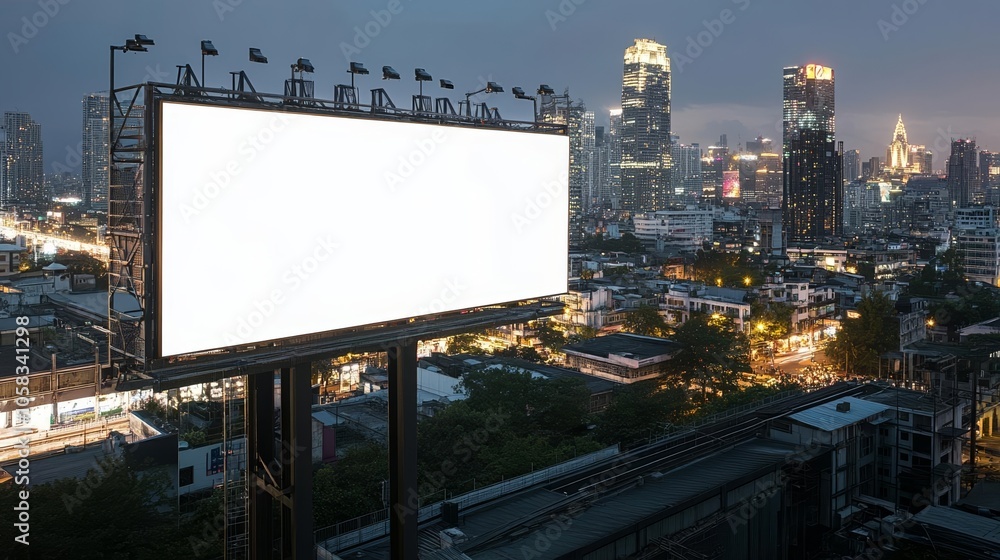 Empty billboard lit up against a bustling city backdrop, nighttime skyline filled with lights, advertising space concept, futuristic urban atmosphere Empty billboard lit up against a bustling city backdrop, nighttime skyline filled with lights, advertising space concept, futuristic urban atmosphere