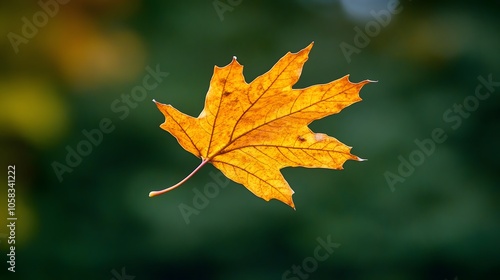 A Single Golden Autumn Leaf Against a Green Background