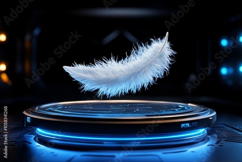 Holographic depiction of a feather floating in digital space, capturing the soft essence of innocence in a futuristic setting, symbolizing purity and innovation photo