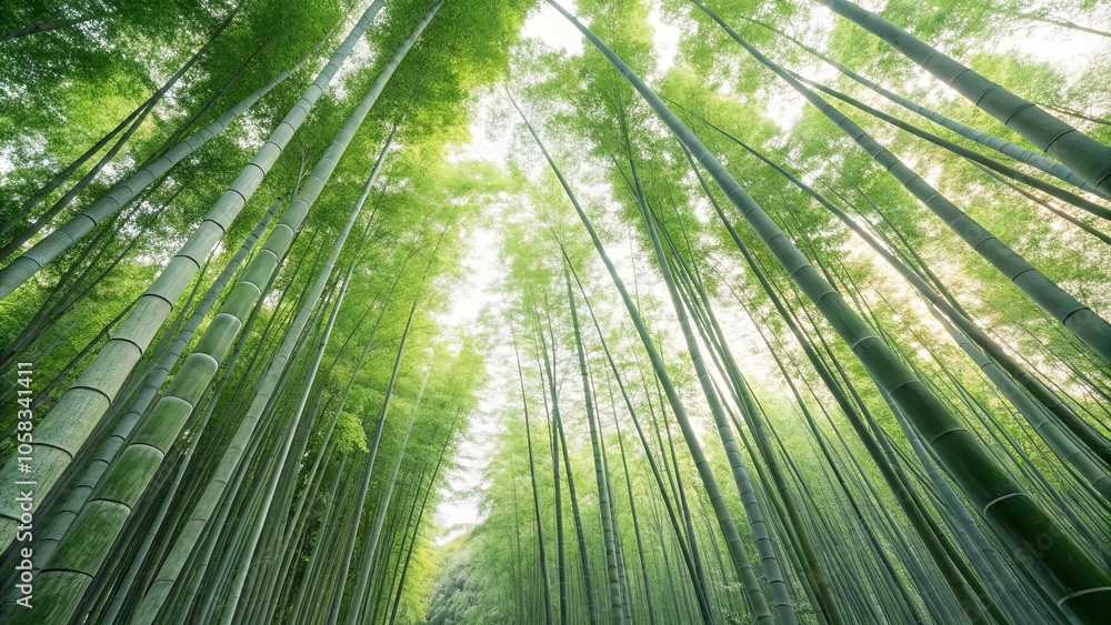 A Low-Angle View of a Lush Bamboo Forest, Sunlight Filtering Through the Canopy, Creating a Dappled Light Effect, Showing the Tall Stalks and Vibrant Green Foliage A Low-Angle View of a Lush Bamboo Forest, Sunlight Filtering Through the Canopy, Creating a Dappled Light Effect, Showing the Tall Stalks and Vibrant Green Foliage