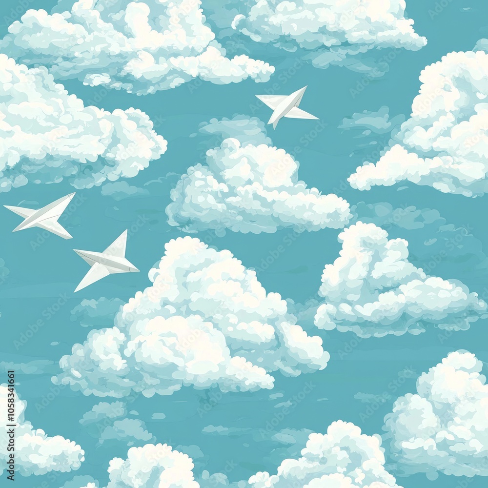 Fototapeta premium seamless pattern of fluffy clouds with floating paper planes