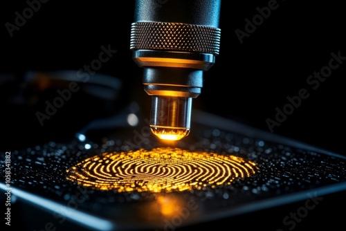Magnified fingerprint under a microscope in a forensic lab, capturing the extreme detail and scientific approach to identity analysis, symbolizing focus and meticulousness