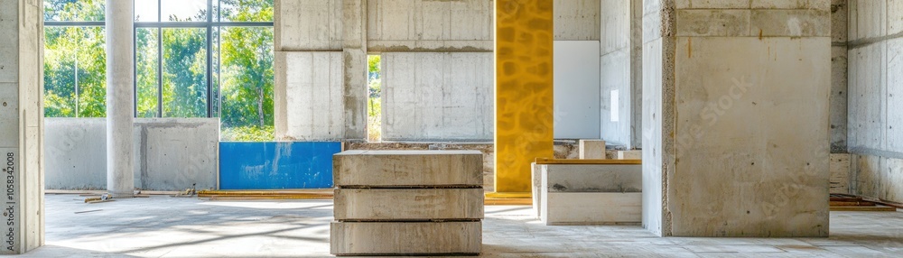 A spacious, unfinished interior with concrete walls and large windows, showcasing construction progress. A spacious, unfinished interior with concrete walls and large windows, showcasing construction progress.