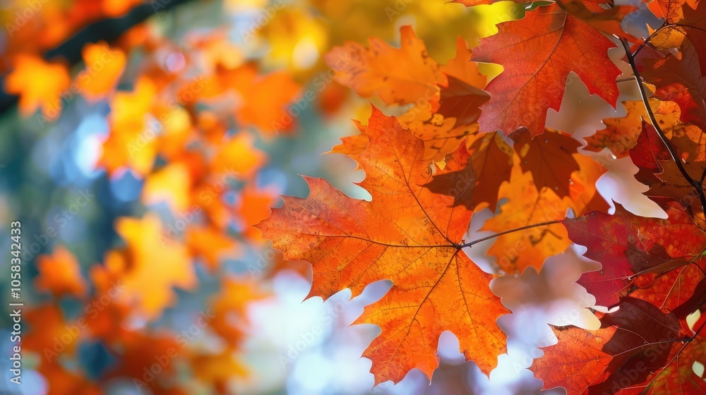 Colorful autumn leaves on red oak trees in shades of orange and yellow. Colorful autumn leaves on red oak trees in shades of orange and yellow.