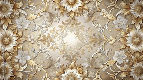 Intricately designed floral patterns with intricate details and curved lines in soft metallic colors, curved lines, shimmering metallics