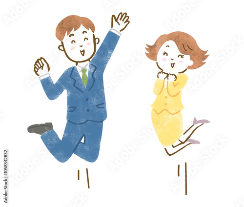笑顔でジャンプするスーツ姿の男女のイラスト