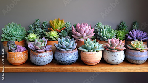 An Assortment of Potted Succulents on a Shelf Bathed in Natural Light for a Serene Home Atmosphere 