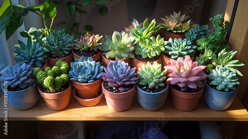 An Assortment of Potted Succulents on a Shelf Bathed in Natural Light for a Serene Home Atmosphere 