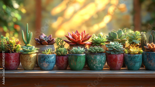 An Assortment of Potted Succulents on a Shelf Bathed in Natural Light for a Serene Home Atmosphere 