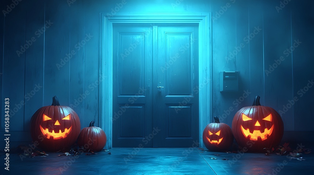 Fototapeta premium Spooky halloween scene with glowing jack-o'-lanterns at an eerie doorway