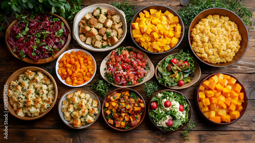 Different traditional food on wooden table