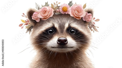 Charming raccoon with floral crown a whimsical portrait of nature's playful spirit photo