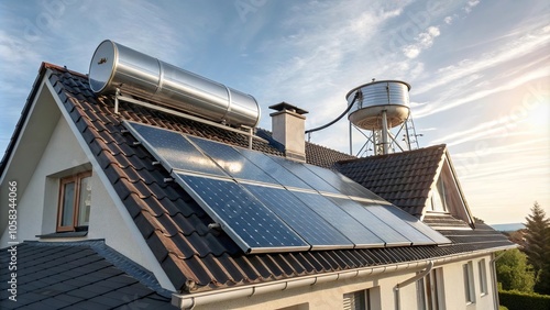 Wallpaper Mural A residential rooftop showcasing an array of solar panels integrated with a water heater and a storage tank, exemplifying sustainable energy solutions for modern homes. Torontodigital.ca
