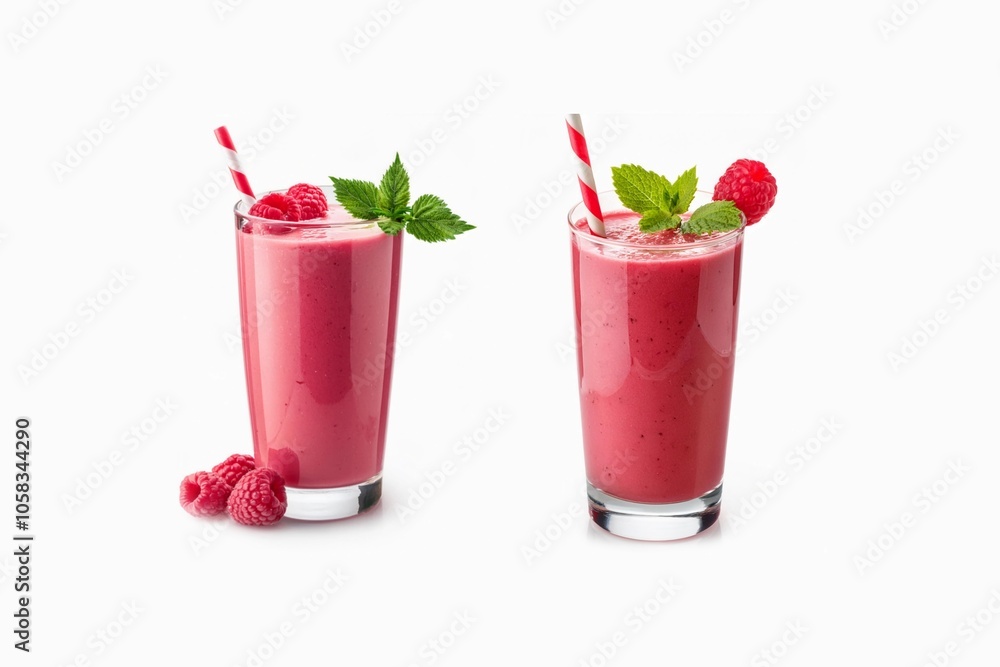 Glass of tasty raspberry smoothie on isolated white background Glass of tasty raspberry smoothie on isolated white background