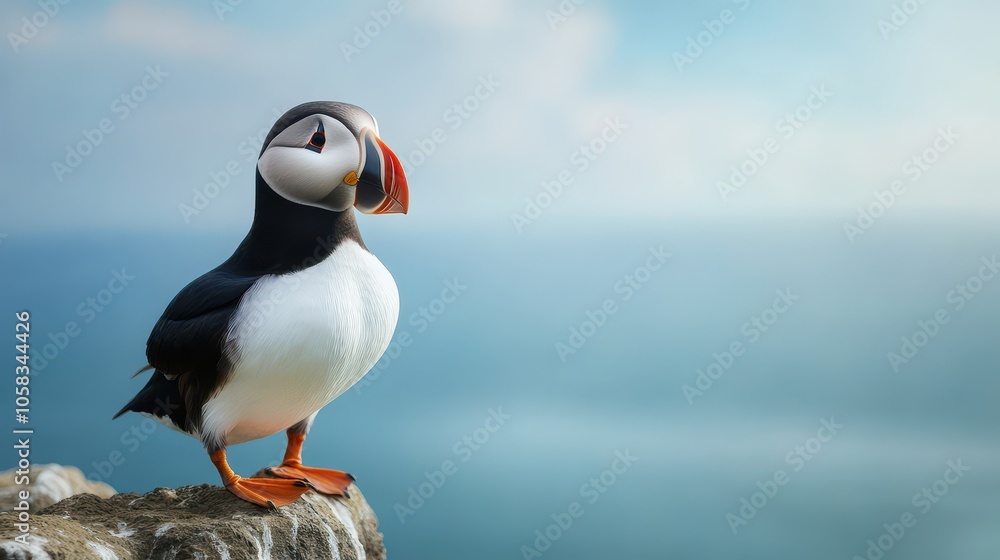 A charming puffin stands on a rocky ledge, gazing at the tranquil ocean, showcasing its vibrant beak and unique plumage. A charming puffin stands on a rocky ledge, gazing at the tranquil ocean, showcasing its vibrant beak and unique plumage.
