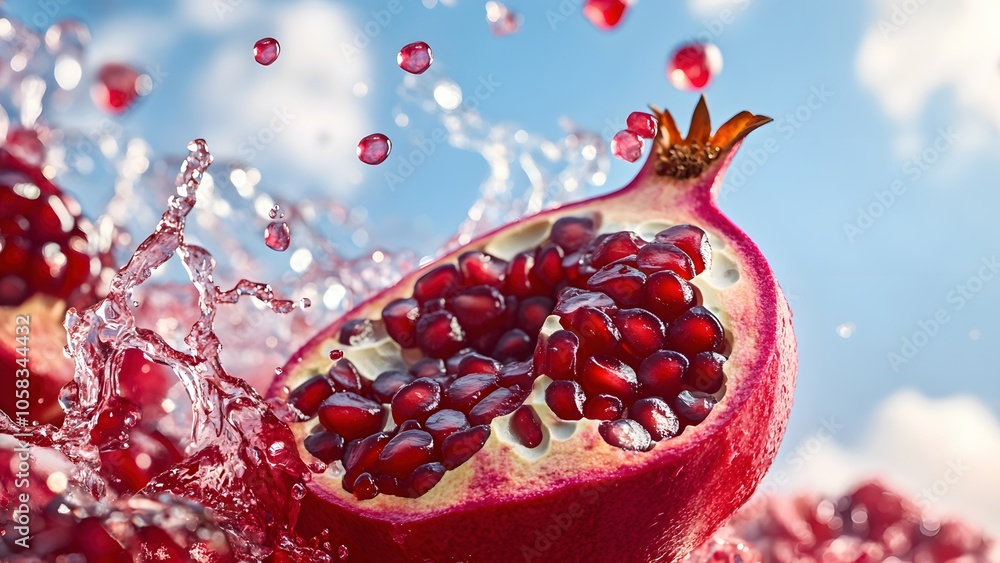 red pomegranate falling into water splash red pomegranate falling into water splash