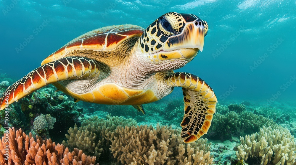 Obraz premium A graceful sea turtle gliding through vibrant coral reefs, showcasing the beauty of marine life in a crystal-clear ocean.