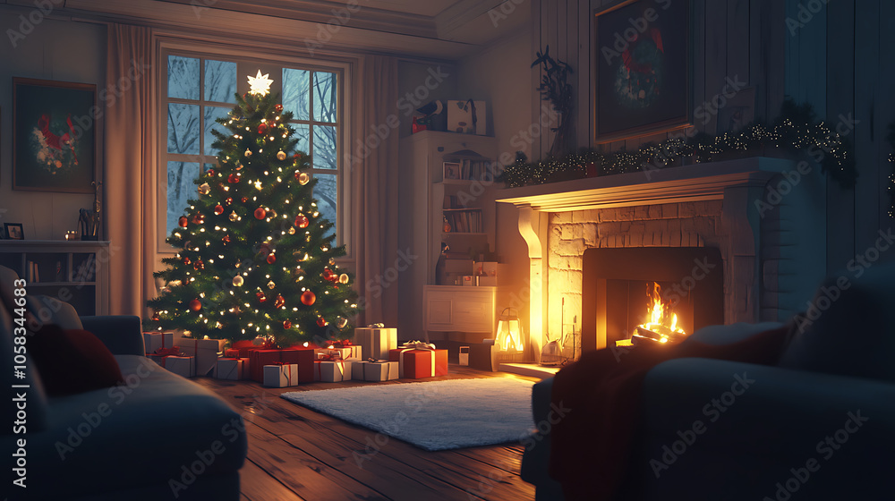 cozy living room with glowing Christmas tree and fireplace creates warm atmosphere cozy living room with glowing Christmas tree and fireplace creates warm atmosphere