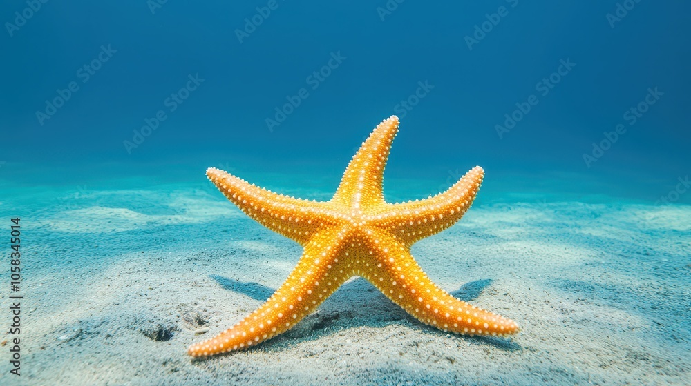 A vibrant orange starfish rests on the sandy ocean floor, showcasing its unique texture and color in a serene underwater setting.