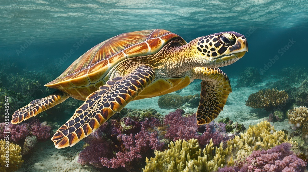 Fototapeta premium A vibrant sea turtle glides gracefully through a colorful coral reef, showcasing the beauty of marine life in clear waters.