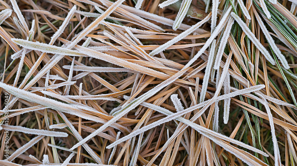 Frosted pine needles create delicate winter scene, showcasing natures beauty Frosted pine needles create delicate winter scene, showcasing natures beauty