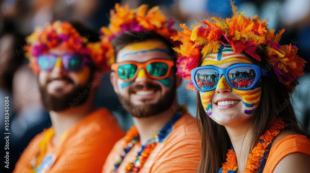 Cheerful fans with vibrant face paint and floral accessories enjoy a lively event, showcasing their festive spirit and excitement. Cheerful fans with vibrant face paint and floral accessories enjoy a lively event, showcasing their festive spirit and excitement.