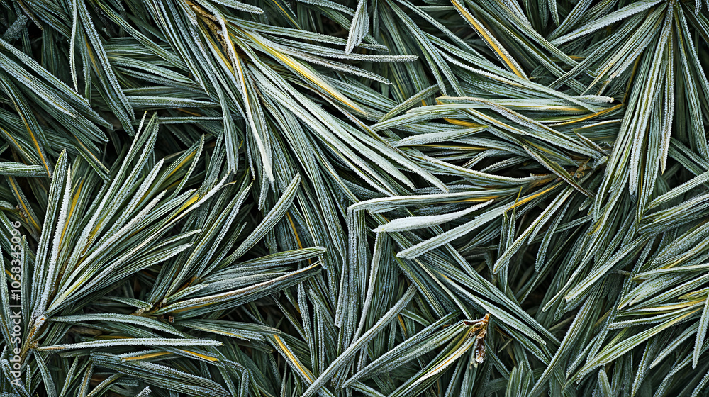 Close up of pine needles covered in frost, showcasing delicate textures and colors Close up of pine needles covered in frost, showcasing delicate textures and colors