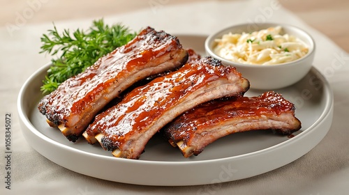 Deliciously glazed barbecue ribs served with creamy coleslaw and fresh herbs on a rustic plate