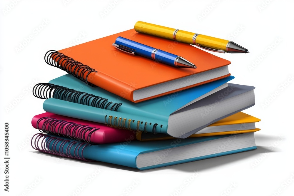 Fototapeta premium a 2D cartoon illustration of a stack of notebooks with colorful pens ready for class white background