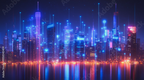 Smart digital Innovation city with connection network reciprocity over the cityscape. of future smart wireless digital city and social media networking systems that connects people with in city