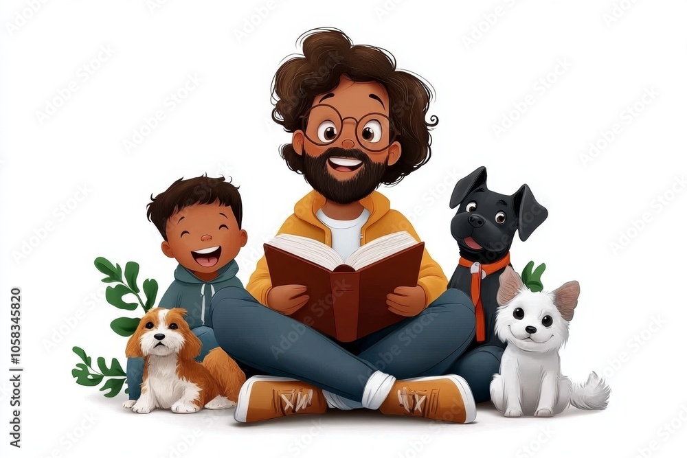 a 2D cartoon illustration of a teacher holding a book while kids listen attentively engaging and supportive white background a 2D cartoon illustration of a teacher holding a book while kids listen attentively engaging and supportive white background