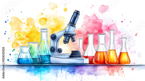 Colorful Science Lab Background with Test Tubes and Microscope in Watercolor Style