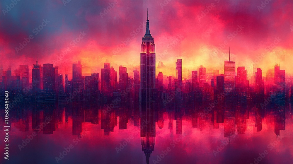 Fototapeta premium A dramatic skyline at sunset, featuring the Empire State Building reflected in water.