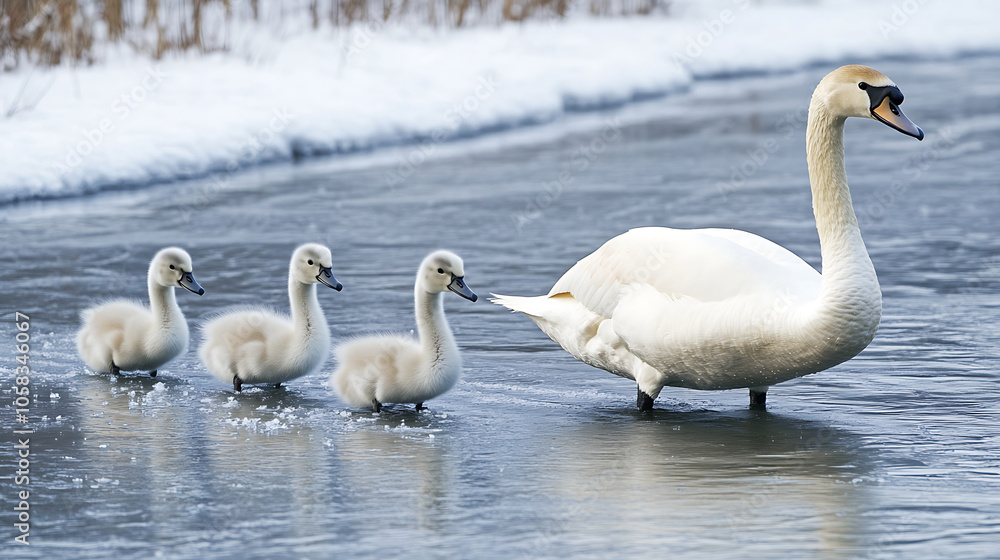 family of swans gliding gracefully on icy lake, showcasing natures beauty family of swans gliding gracefully on icy lake, showcasing natures beauty