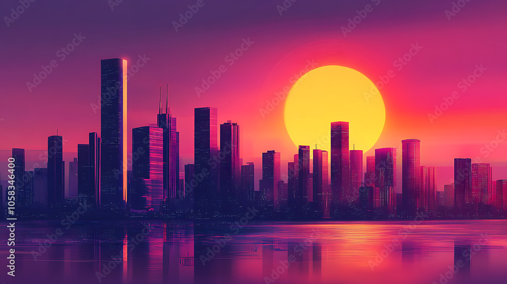 Futuristic city skyline at sunset with vibrant neon lights reflecting on water Futuristic city skyline at sunset with vibrant neon lights reflecting on water