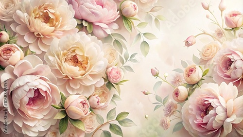 Delicate watercolor-style petals of roses and peonies against a soft white or cream background, botanical illustration, roses, subtle colors, delicate blooms, floral patterns