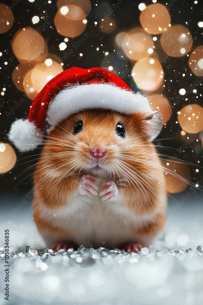 Hamster in festive attire with a soft-focus background of holiday lights, high resolution. Hamster in festive attire with a soft-focus background of holiday lights, high resolution.