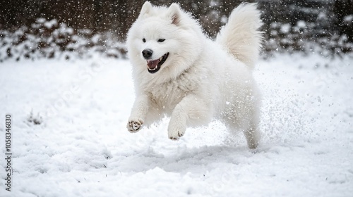 Samoyed Dog Running in Snow