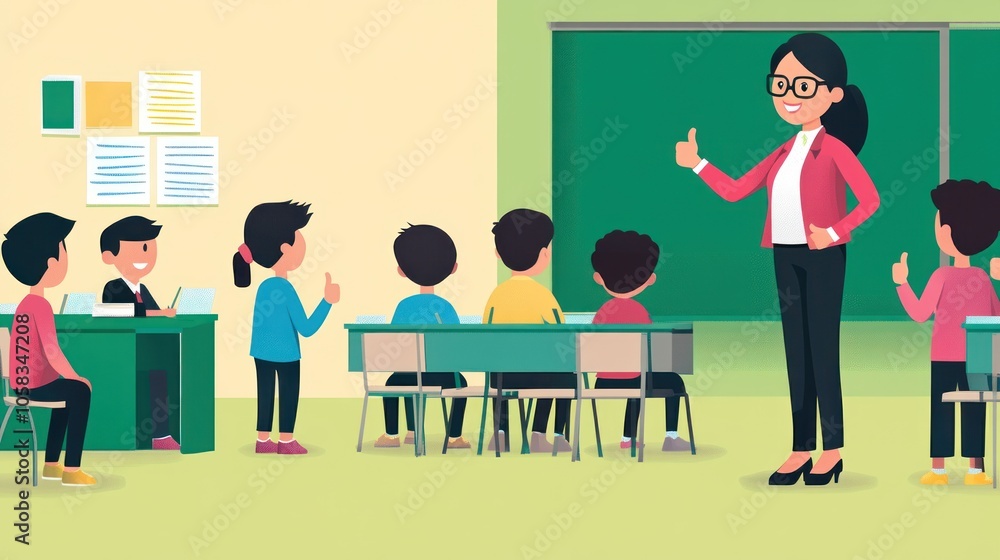 Classroom scene with a teacher and engaged students. Classroom scene with a teacher and engaged students.