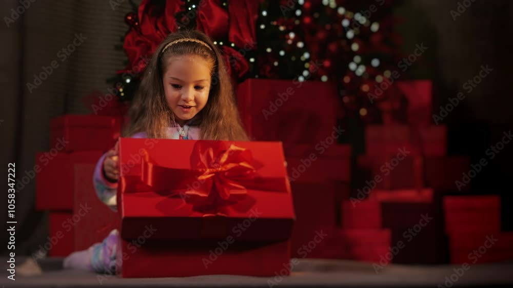 A little girl sits by the Christmas tree and opens a Christmas present. Christmas gifts. Gifts under the New Year tree. The child opens a gift. Celebrating Christmas and New Year. A little girl sits by the Christmas tree and opens a Christmas present. Christmas gifts. Gifts under the New Year tree. The child opens a gift. Celebrating Christmas and New Year.
