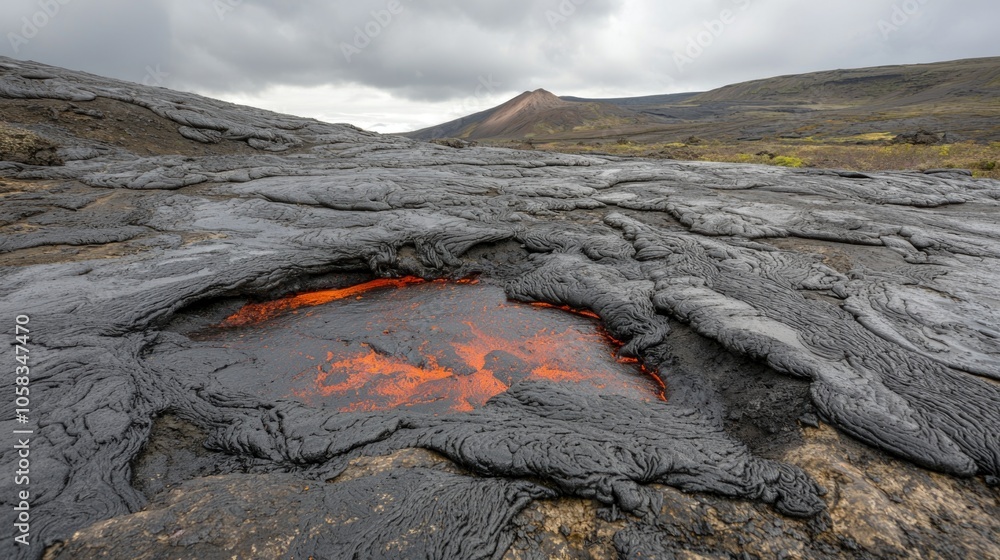 Naklejka premium Volcanic Eruption: Dramatic display of lava flowing from active volcano, intense natural forces, fiery landscape of volcanic activity, illustrating the raw power of Earth's geology.