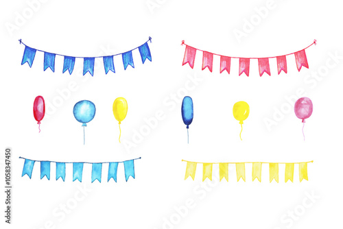 Holiday garland with flags isolated on white background. Hand drawn watercolor illustration of festive garland and balloons.