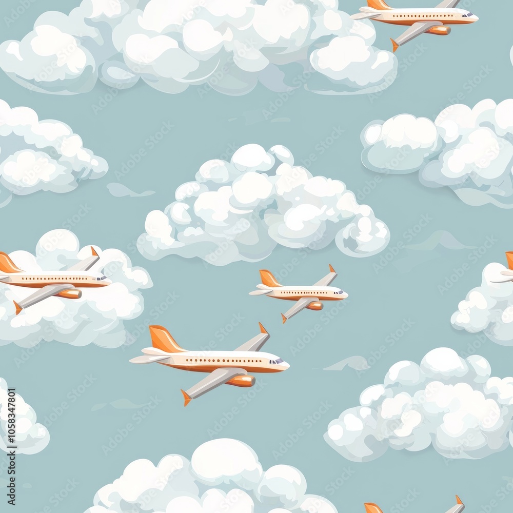 Naklejka premium seamless pattern of fluffy clouds with tiny airplanes