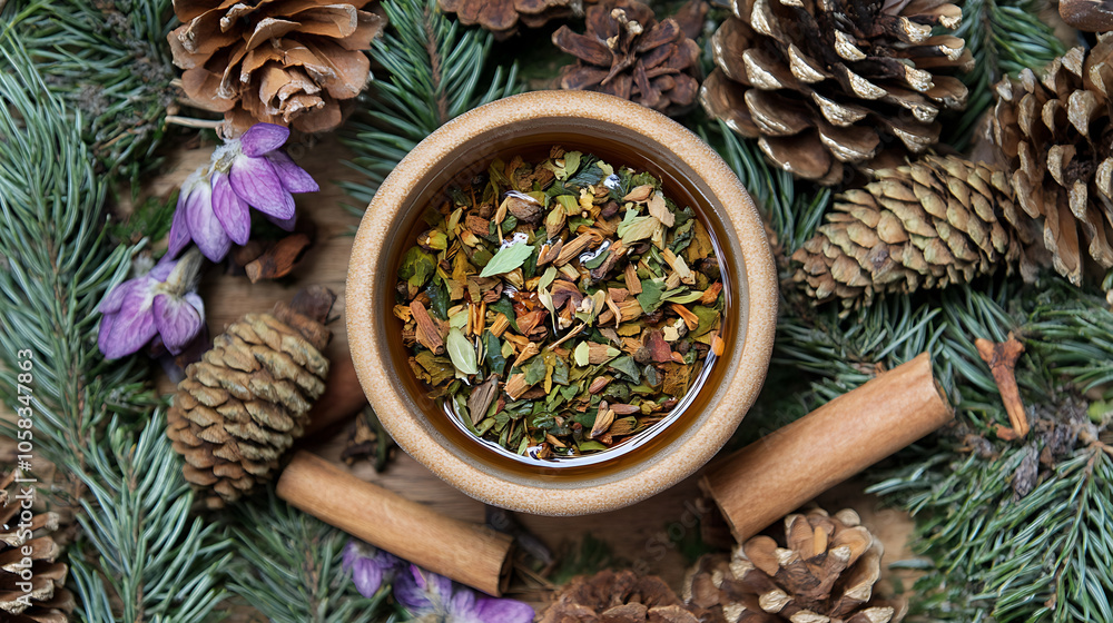 Herbal tea surrounded by pinecones and cinnamon evokes cozy atmosphere Herbal tea surrounded by pinecones and cinnamon evokes cozy atmosphere